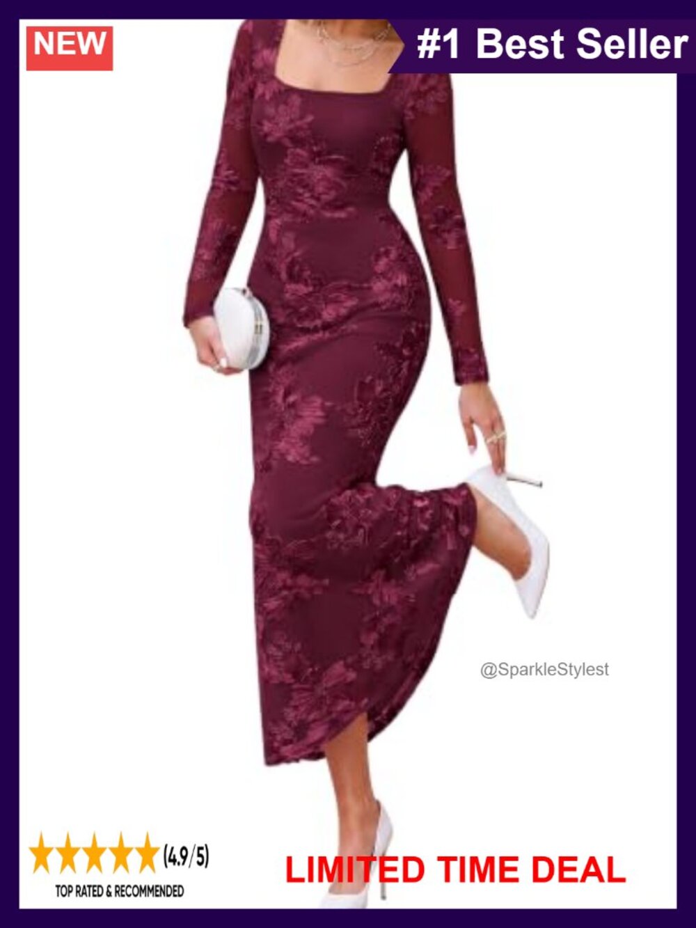 Women's Long Sleeve Bodycon Floral Mesh Maxi Wedding Guest Dress